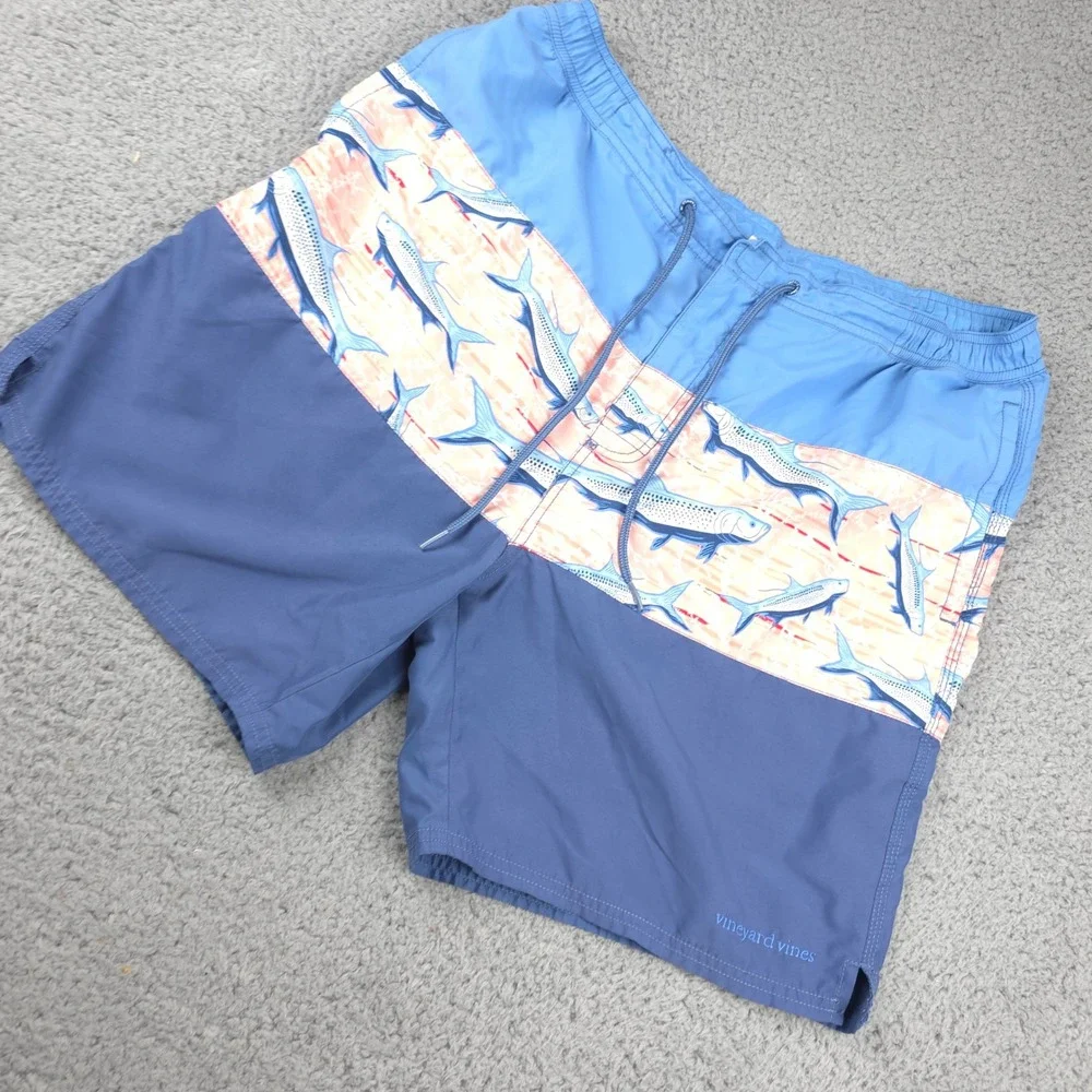 Vineyard Vines Swim Trunks Sharks Print‎ Drawstring Pocket Blue Mens Size L